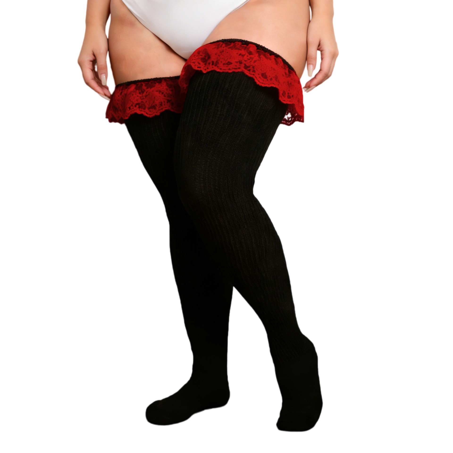 Plus Size Thigh High Socks Lace Trim Over the Knee Stocking for Curvy Women